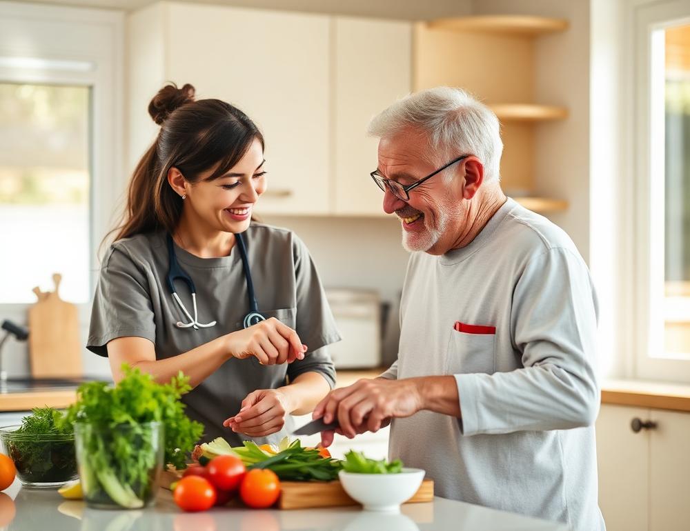 Older adult and companion during hourly care at home